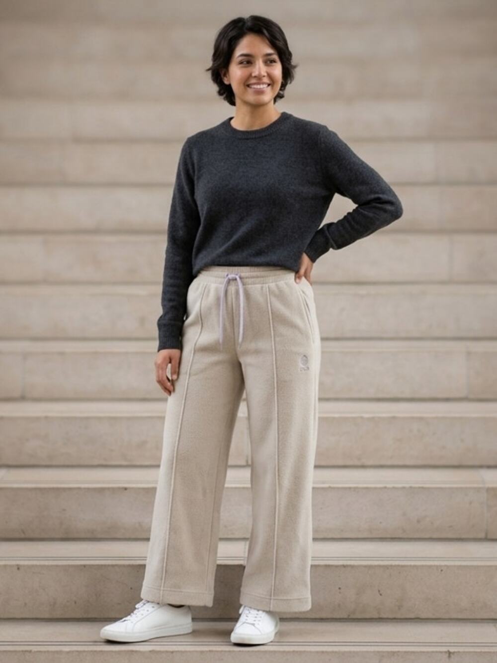 NWT Stio Beige Wide Leg Fleece Heathered Stretch Pants Women Size M